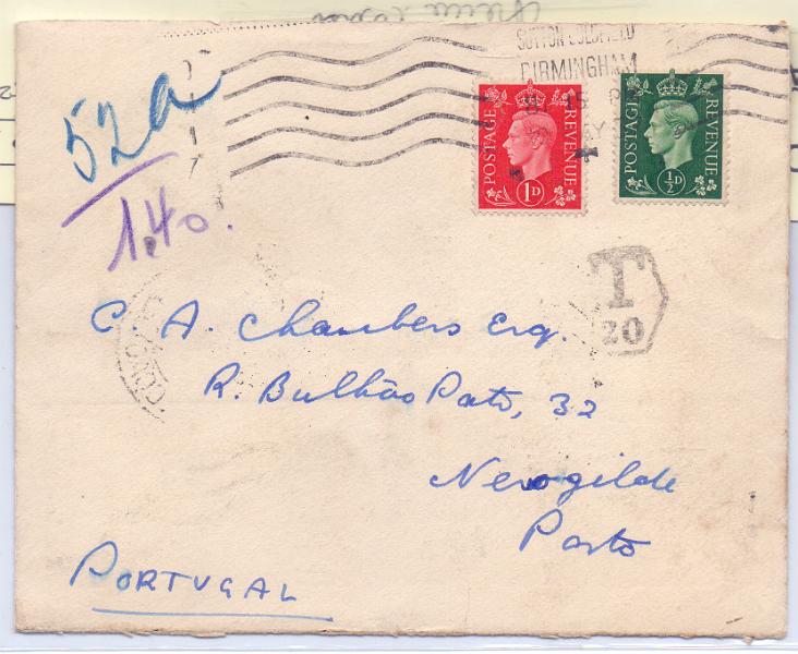 1878 f.jpg -     Lote:    1878 (frente)      Lotes pelo Correio             Descrição:         Porteado. 1932/33 &mdash; Tipo Etiqueta. Sobrescrito circulado de Birmingham para Lisboa (15.05.37) com insuficiência de franquia. Foi porteado com o dobro do porte em falta com par de selos de 0$30 e selo de 0$80 CE POR48 e 52. Selo fixo de Lisboa $20 a preto        Carta       Valor Base:     &euro; 10,00     Valor Venda:     Retirado     